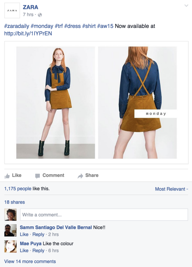 Zara's Facebook post with attention grabbing outfit
