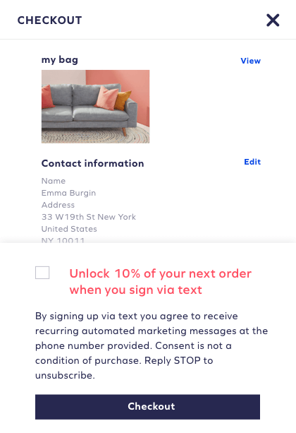 SMS opt-in at checkout mockup