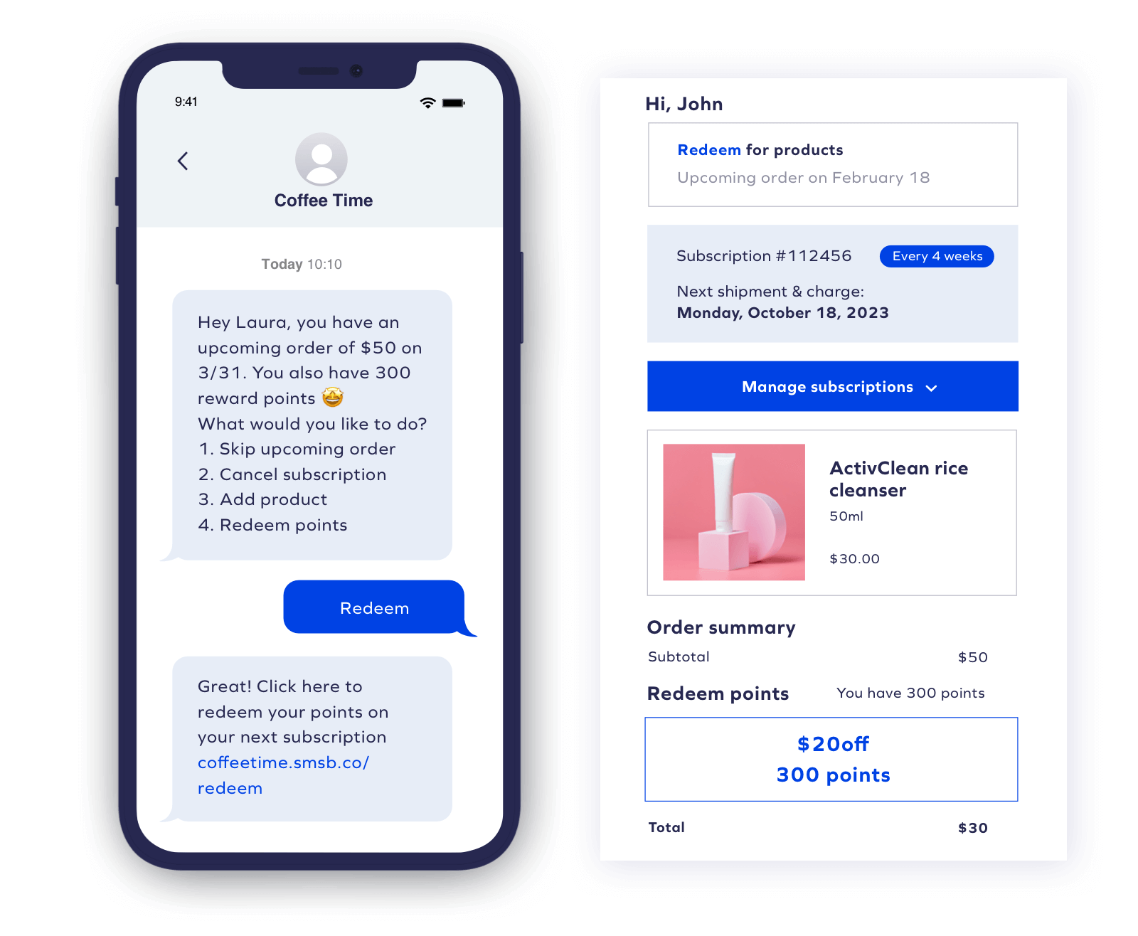 Using Yotpo Loyalty with SMSBump, you can text customers the status of their loyalty points along with a link to the passwordless customer portal where they can redeem said points in just one click. 