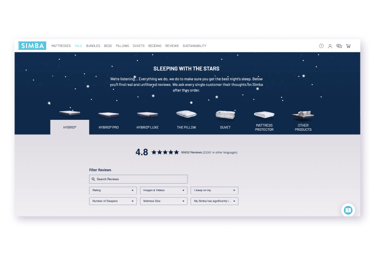 Reviews page from Simba Sleep site