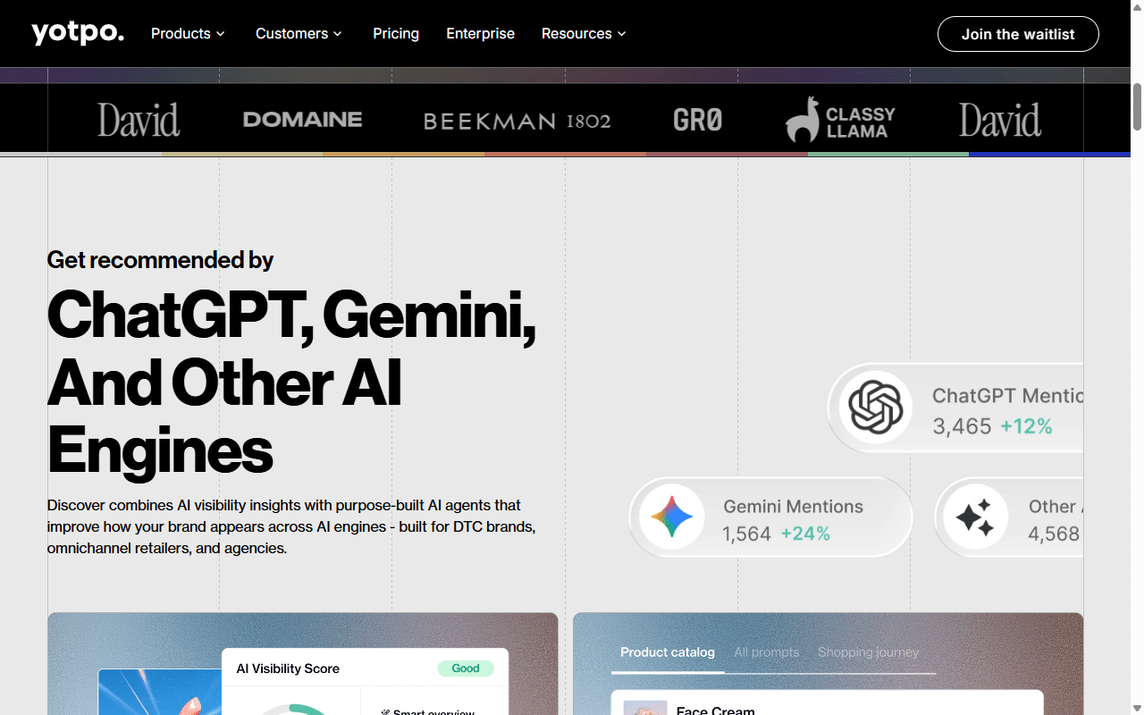 yotpo discover ai engines hero 2026 How to Get Mentioned in LLM Responses 1 Yotpo Discover dashboard tracking AI visibility across ChatGPT, Gemini, and other engines